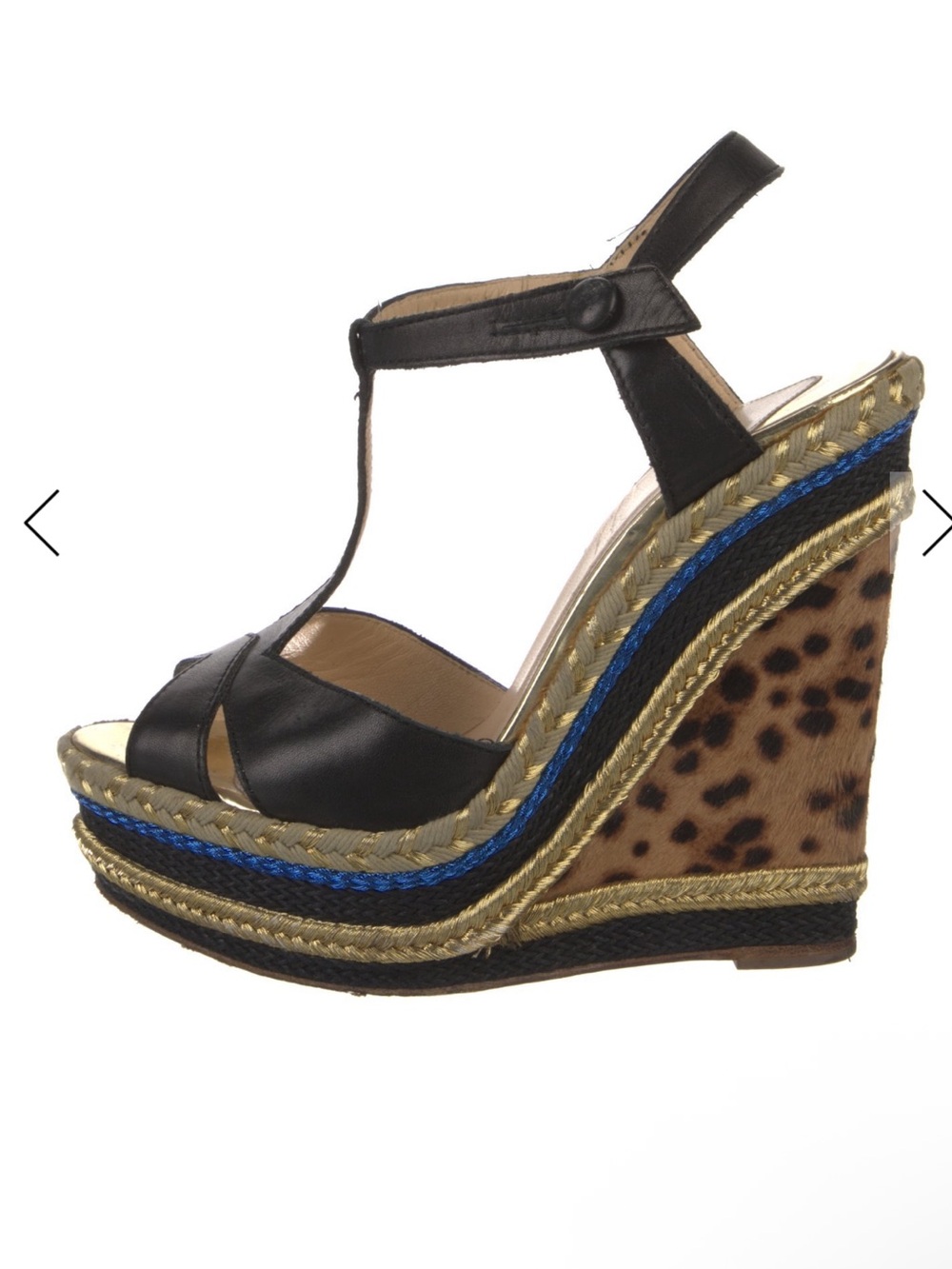 Black Leather T-Strap Wedge Sandals with Leopard Print Heel